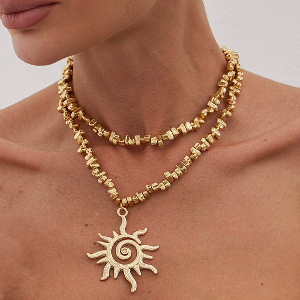 Jewelry Alloy Ccb Ushaped Hammer Pattern Spiral Sun Pendant Clavicle Chain Electroplated Unisex