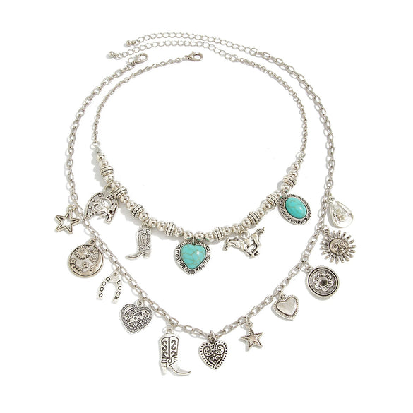 Jewelry Alloy Clavicle Chain Necklace With Geometric Pattern Electroplated Punk Style And Imitation Turquoise Beads