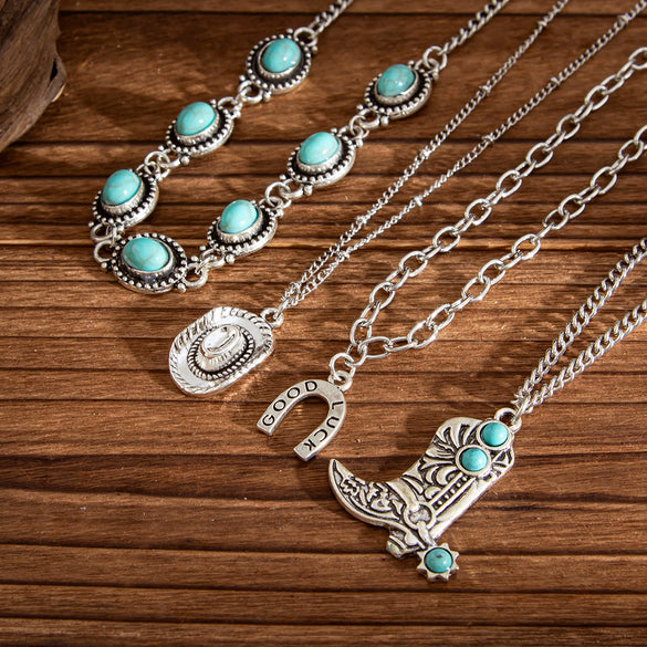 Jewelry Alloy Clavicle Chain Necklace With Geometric Pattern Electroplated Punk Style And Imitation Turquoise Beads