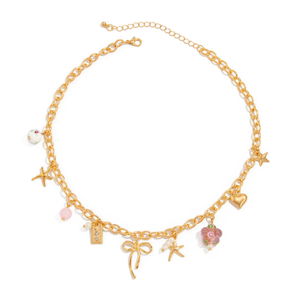 Jewelry Alloy Colorful Ceramic Bead Necklace Sweet Heart Bow Pendant Bracelet With Star Pattern Electroplated