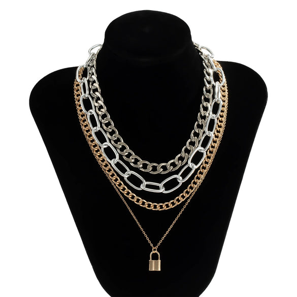 Jewelry Alloy Cross Chain Punk Hiphop Multilayer Thick Chain Necklace For Women Retro Geometric Electroplated