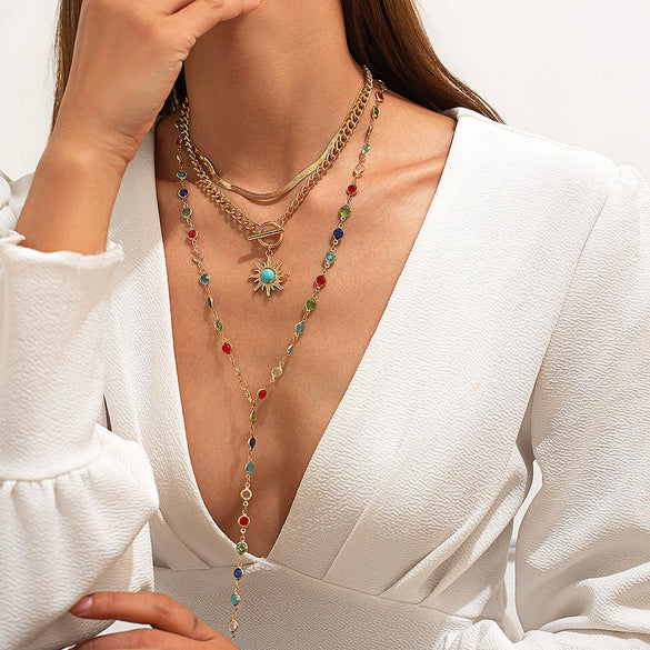 Jewelry Alloy Crystal Clavicle Chain With Sunflower Geometric Pattern And Electroplating Process In Sweet Style For Women