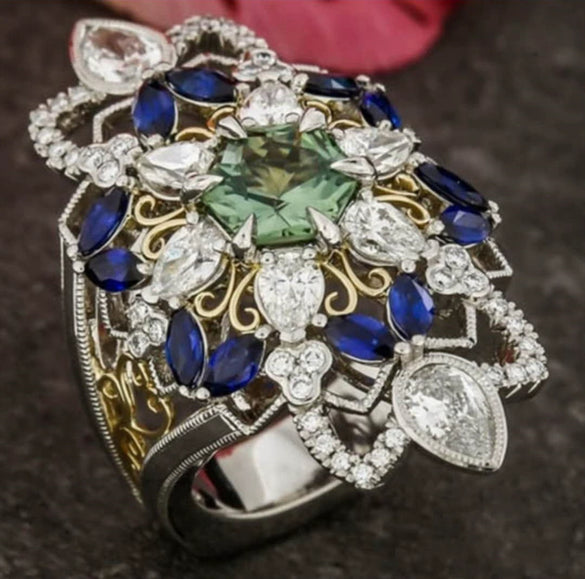 Jewelry Alloy Crystal Ring Luxury Palace Style Geometric Electroplating Design