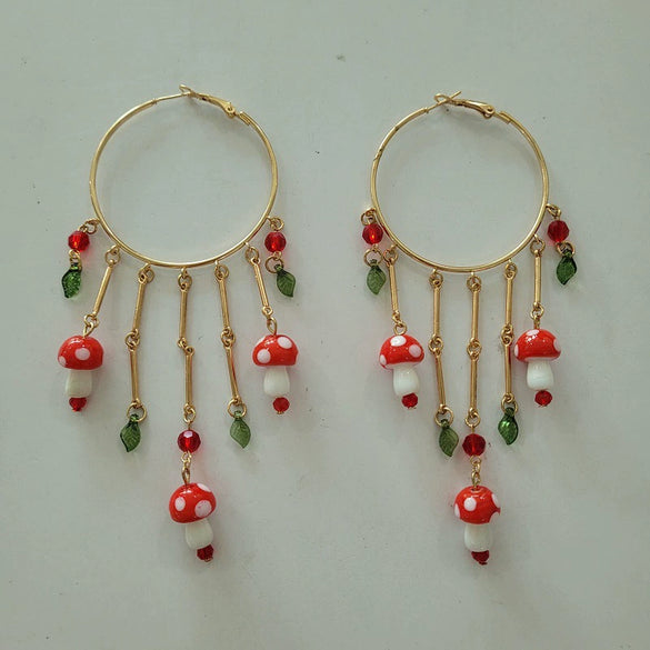 Jewelry Alloy Forest Style Mushroom Leaf Flower Exaggerated Pendant Tassel Earrings Electroplated
