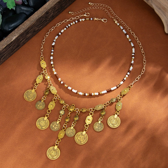 Jewelry Alloy Geometric Antique Coin Pendant Necklace With Twist Chain Electroplating Style For Unisex