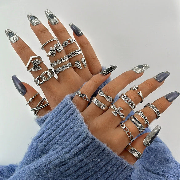Jewelry Alloy Geometric Black Gemstone Ring Set With Electroplating