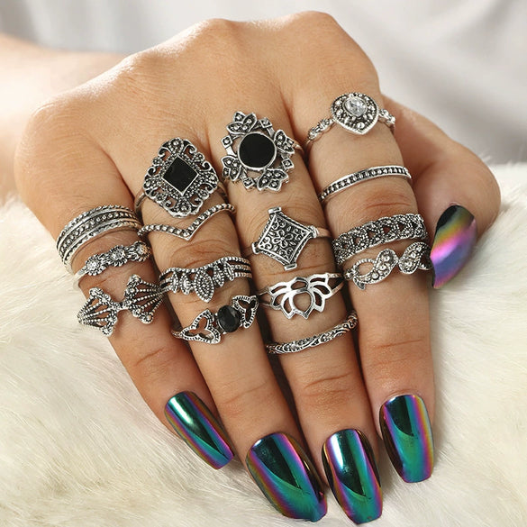 Jewelry Alloy Geometric Black Gemstone Ring Set With Electroplating