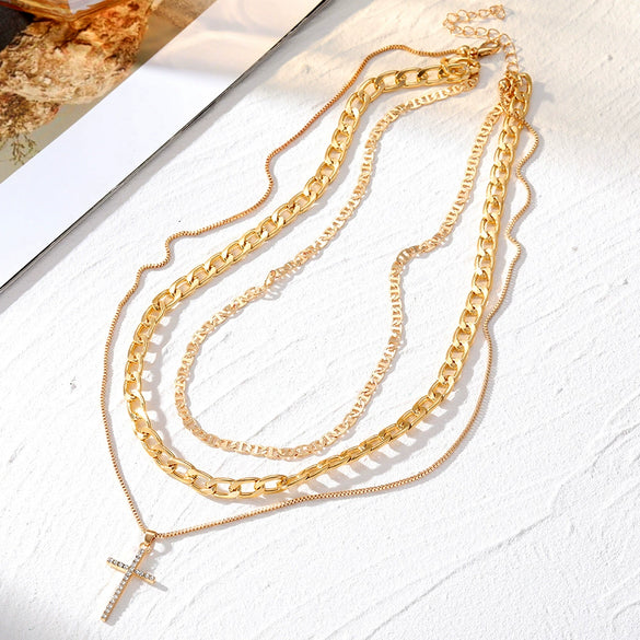 Jewelry Alloy Geometric Cross Heartshaped Pendant Multilayer Necklace With Diamond For Women