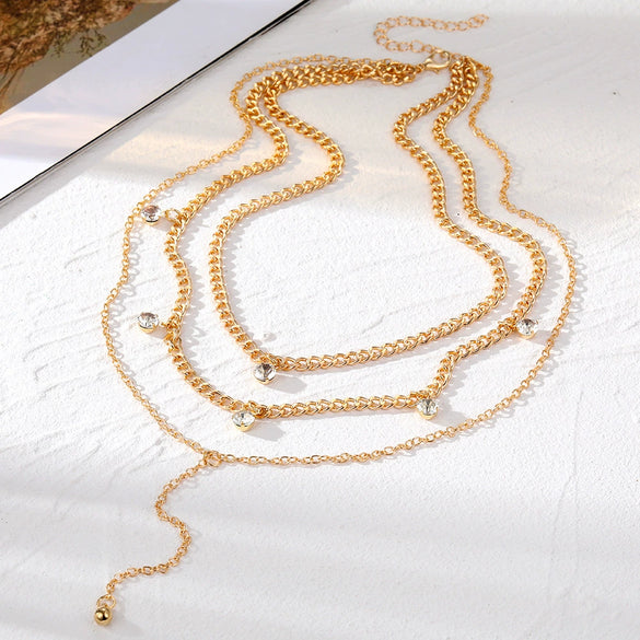 Jewelry Alloy Geometric Crystal Tassel Clavicle Necklace Cold Style Simple Multi Layer Stacked Diamond Design
