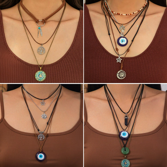 Jewelry Alloy Geometric Devil's Eye Pendant Necklace With Leather Wax Thread Iron Chain Rice Beads Acrylic Crystal Electroplating For Women