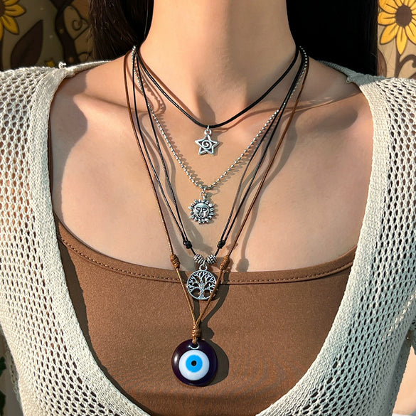 Jewelry Alloy Geometric Devil's Eye Pendant Necklace With Leather Wax Thread Iron Chain Rice Beads Acrylic Crystal Electroplating For Women