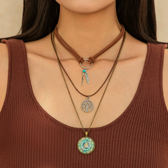 Jewelry Alloy Geometric Devil's Eye Pendant Necklace With Leather Wax Thread Iron Chain Rice Beads Acrylic Crystal Electroplating For Women