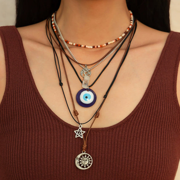 Jewelry Alloy Geometric Devil's Eye Pendant Necklace With Leather Wax Thread Iron Chain Rice Beads Acrylic Crystal Electroplating For Women