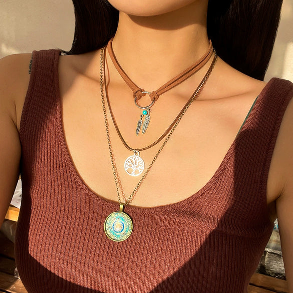 Jewelry Alloy Geometric Devil's Eye Pendant Necklace With Leather Wax Thread Iron Chain Rice Beads Acrylic Crystal Electroplating For Women