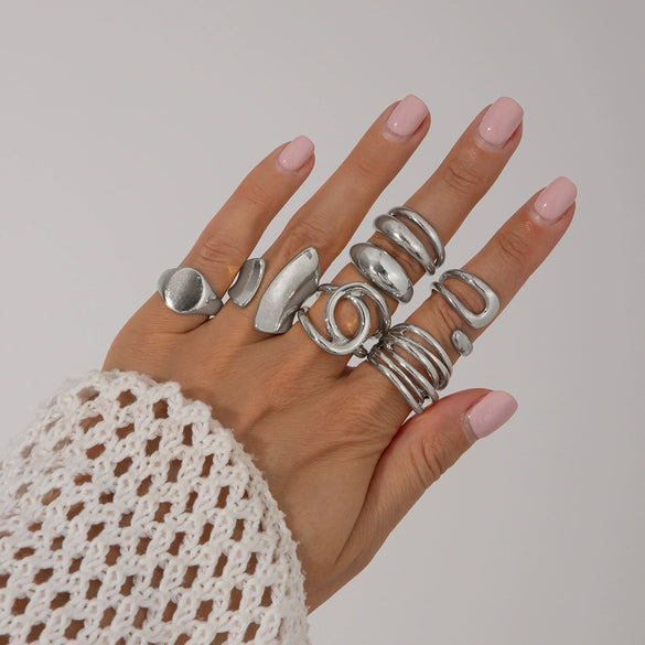 Jewelry Alloy Geometric Exaggerated Asymmetrical Open Ring Set Electroplating Niche Style