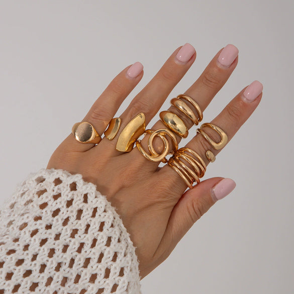 Jewelry Alloy Geometric Exaggerated Asymmetrical Open Ring Set Electroplating Niche Style
