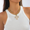 Jewelry Alloy Geometric Inlaid Pearl Cross Pendant Necklace Electroplated