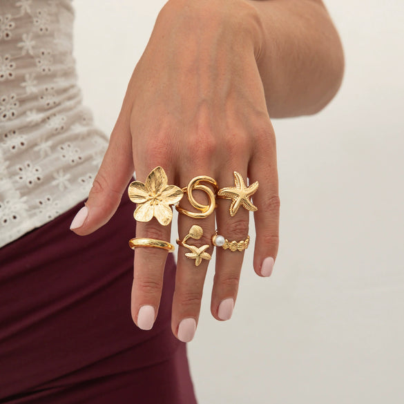 Jewelry Alloy Geometric Open Ring Set With Starfish Pearl Electroplating
