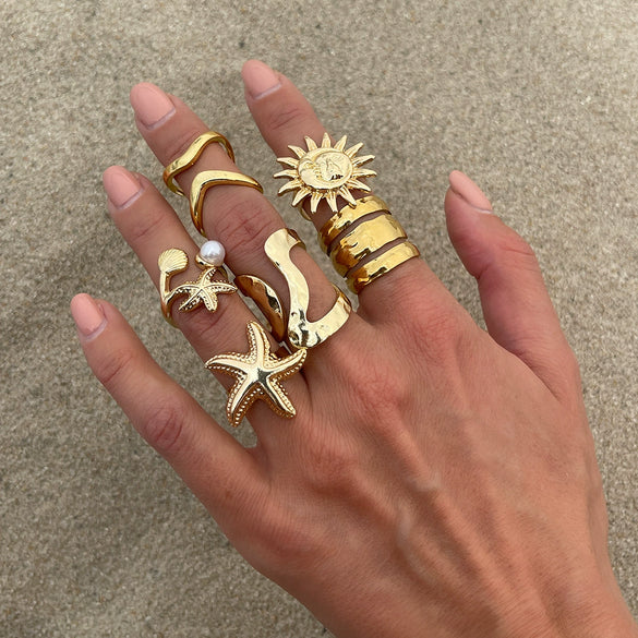 Jewelry Alloy Geometric Open Ring Set With Starfish Pearl Electroplating