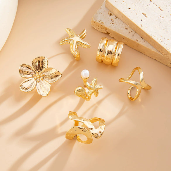 Jewelry Alloy Geometric Open Ring Set With Starfish Pearl Electroplating