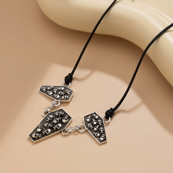 Jewelry Alloy Geometric Skull Pendant Collarbone Necklace Dark Style Electroplating Leather Wax Thread Chain For Women