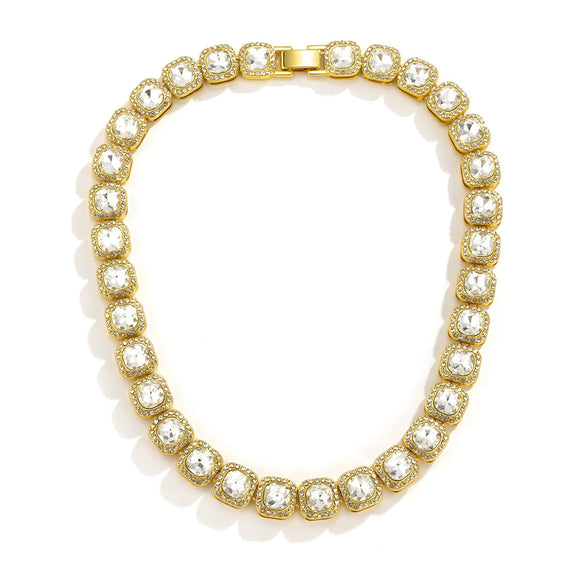 Jewelry Alloy Glass Geometric Square Diamondencrusted Cuban Chain Necklace Electroplated