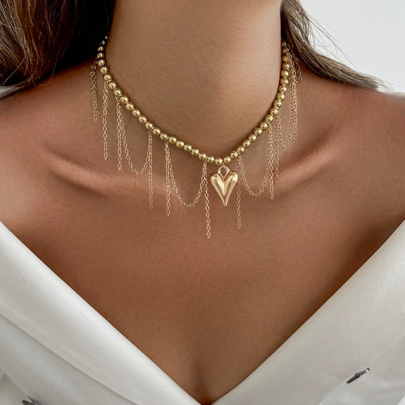 Jewelry Alloy Heart Pendant Necklace Sweet Style Electroplating Clavicle Chain Imitation Pearl Tassel
