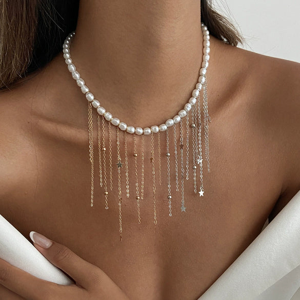 Jewelry Alloy Heart Pendant Necklace Sweet Style Electroplating Clavicle Chain Imitation Pearl Tassel