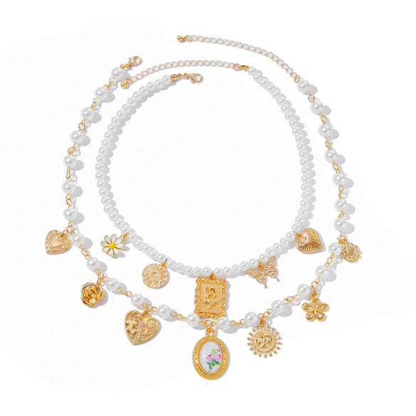 Jewelry Alloy Imitation Pearl Acrylic Butterfly Sunflower Heart Shape Geometric Clavicle Chain Electroplated