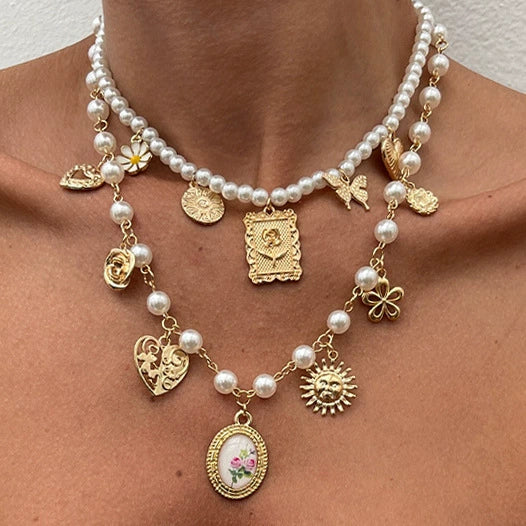 Jewelry Alloy Imitation Pearl Acrylic Butterfly Sunflower Heart Shape Geometric Clavicle Chain Electroplated
