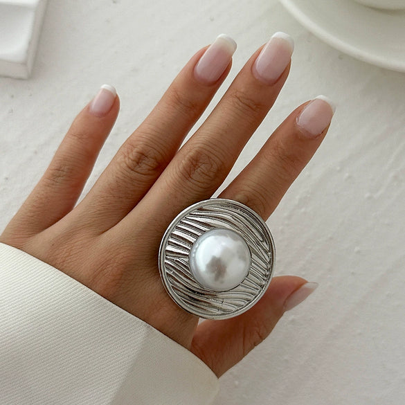 Jewelry Alloy Imitation Pearl Geometric Corrugated Irregular Oval Winding Ring Electroplated For Women