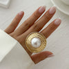 Jewelry Alloy Imitation Pearl Geometric Corrugated Irregular Oval Winding Ring Electroplated For Women