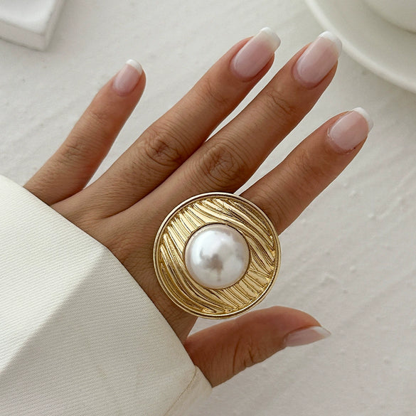 Jewelry Alloy Imitation Pearl Geometric Corrugated Irregular Oval Winding Ring Electroplated For Women