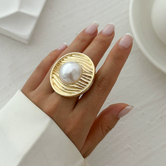 Jewelry Alloy Imitation Pearl Geometric Corrugated Irregular Oval Winding Ring Electroplated For Women