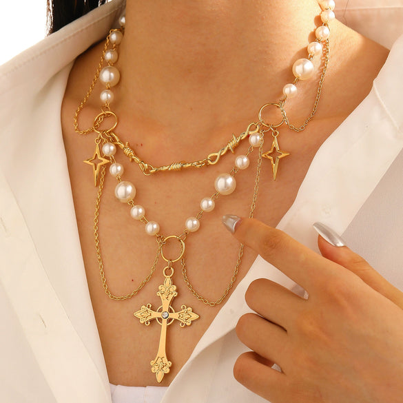 Jewelry Alloy Imitation Pearl Geometric Love Cross Butterfly Necklace For Women