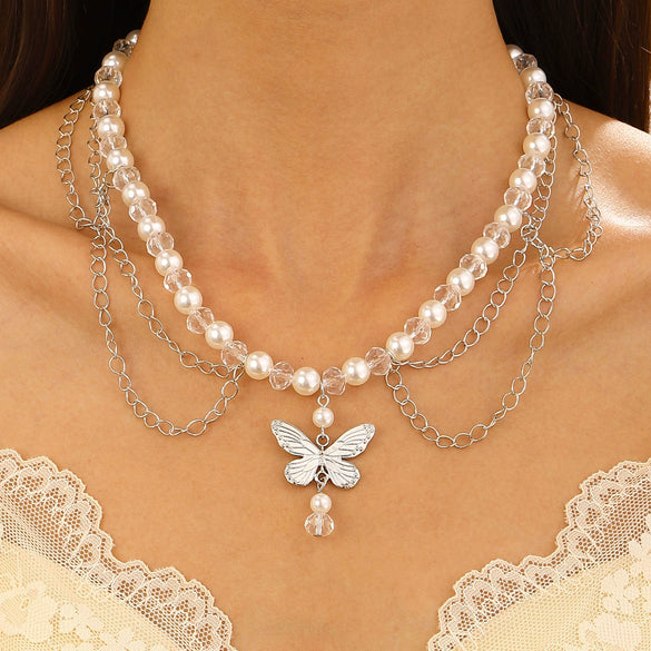 Jewelry Alloy Imitation Pearl Geometric Love Cross Butterfly Necklace For Women