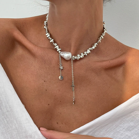 Jewelry Alloy Imitation Pearl Geometric Shaped Copper Clad Iron Chain Electroplated Necklace For Women