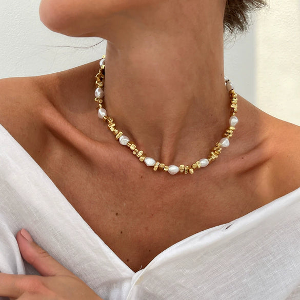 Jewelry Alloy Imitation Pearl Geometric Shaped Copper Clad Iron Chain Electroplated Necklace For Women
