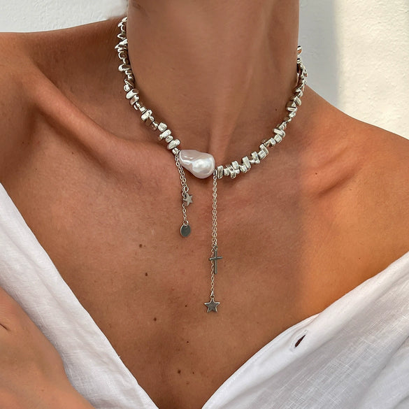 Jewelry Alloy Imitation Pearl Geometric Shaped Copper Clad Iron Chain Electroplated Necklace For Women