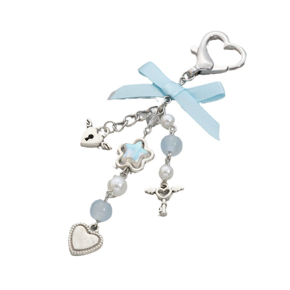 Jewelry Alloy Imitation Pearl Love Bow Ribbon Key Chain Pendant With Electroplating