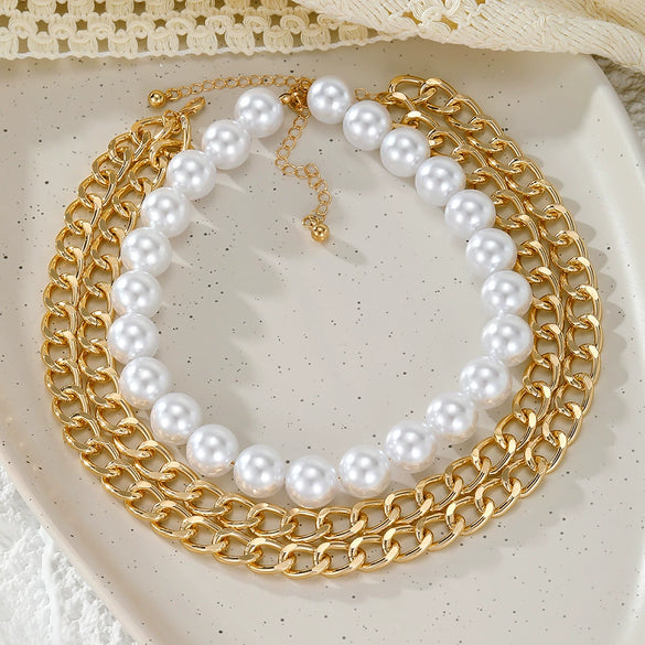 Jewelry Alloy Imitation Pearl Multilayer Clavicle Chain Water Drop Necklace Geometric Style Electroplating