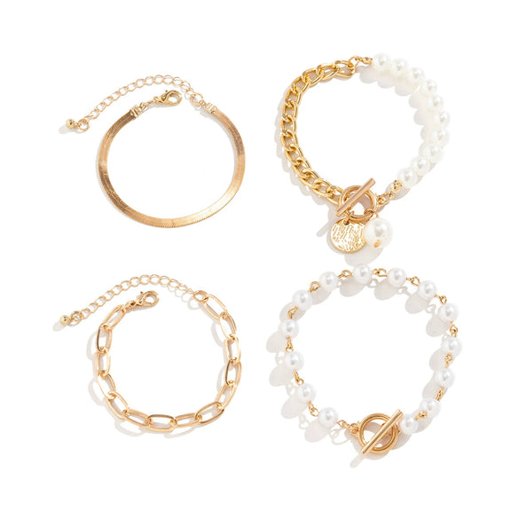 Jewelry Alloy Imitation Pearl Retro Geometric Electroplated Bracelet Set For Women