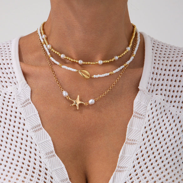 Jewelry Alloy Imitation Pearl Shell Ball Chain Multilayer Necklace With Animal Zodiac Pattern Electroplated For Women