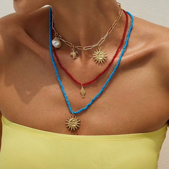 Jewelry Alloy Imitation Pearl Shell Ball Chain Multilayer Necklace With Animal Zodiac Pattern Electroplated For Women