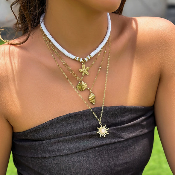 Jewelry Alloy Imitation Pearl Shell Ball Chain Multilayer Necklace With Animal Zodiac Pattern Electroplated For Women
