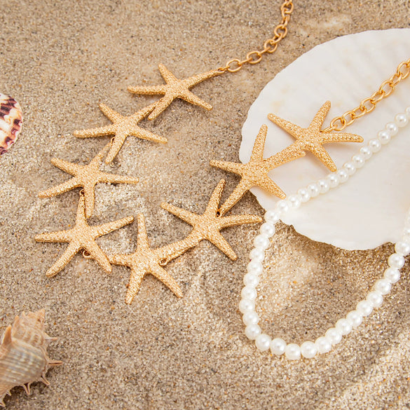 Jewelry Alloy Imitation Pearl Star Shaped Starfish Clavicle Chain Necklace Electroplated