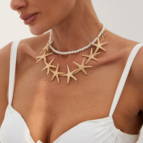 Jewelry Alloy Imitation Pearl Star Shaped Starfish Clavicle Chain Necklace Electroplated