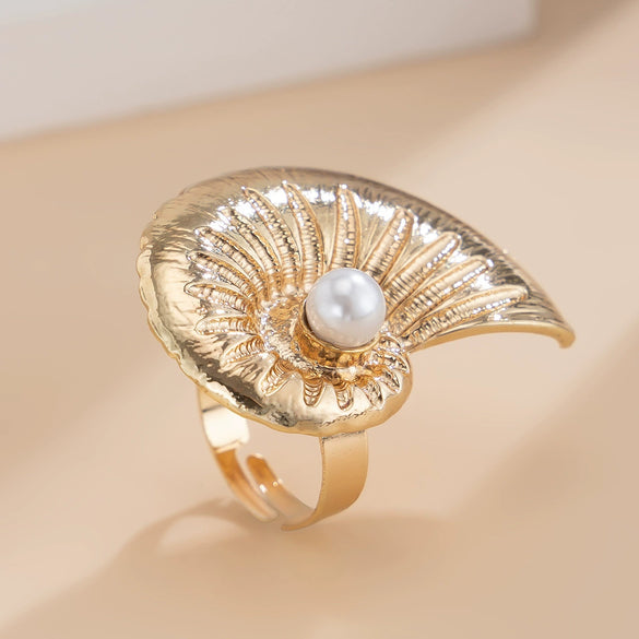 Jewelry Alloy Imitation Pearl Starfish Conch Ring Women's Exaggerated Geometric Electroplating Style