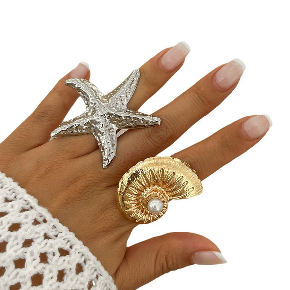 Jewelry Alloy Imitation Pearl Starfish Conch Ring Women's Exaggerated Geometric Electroplating Style