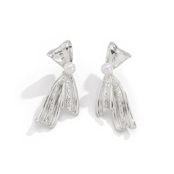 Jewelry Alloy Imitation Pearl Tassel Bow Tie Earrings Electroplated For Women Minimalist Style